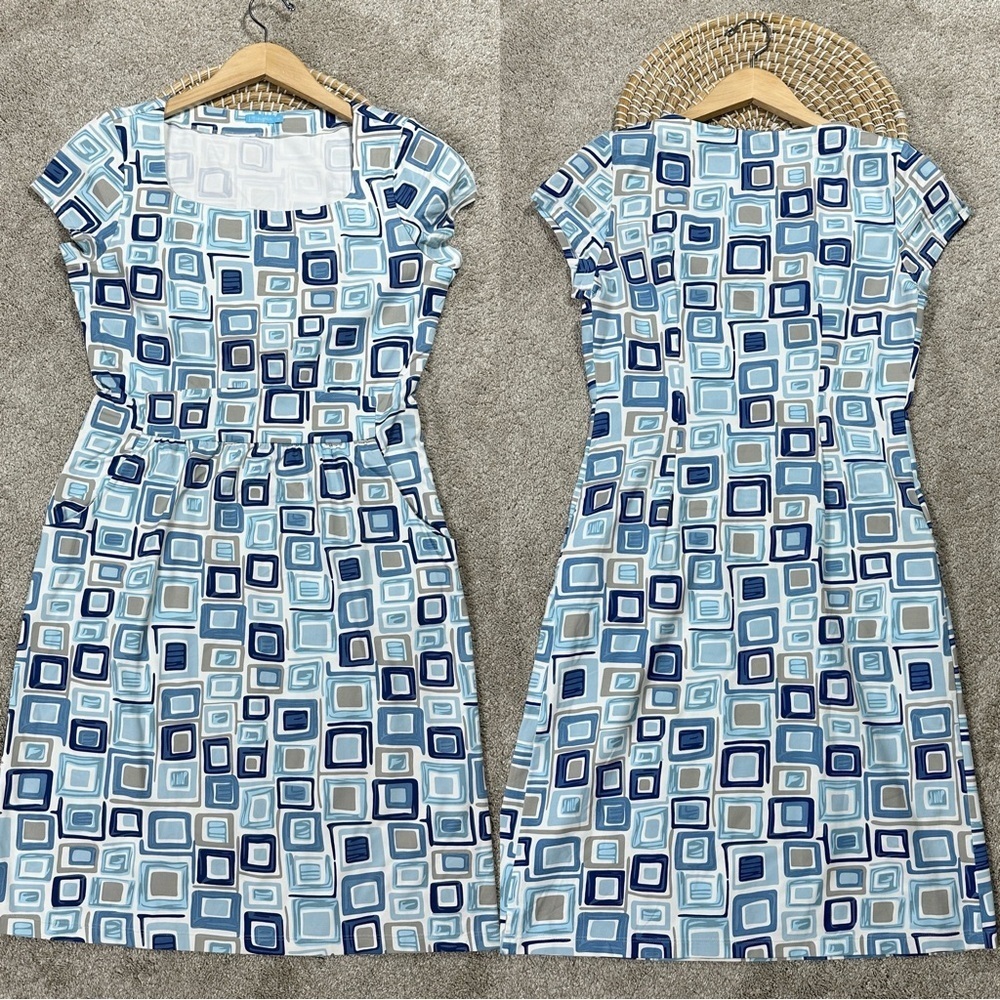 J. McLaughlin Catalina Cloth Emma Dress Shortsleeve Square Neck Geometric Blue M
